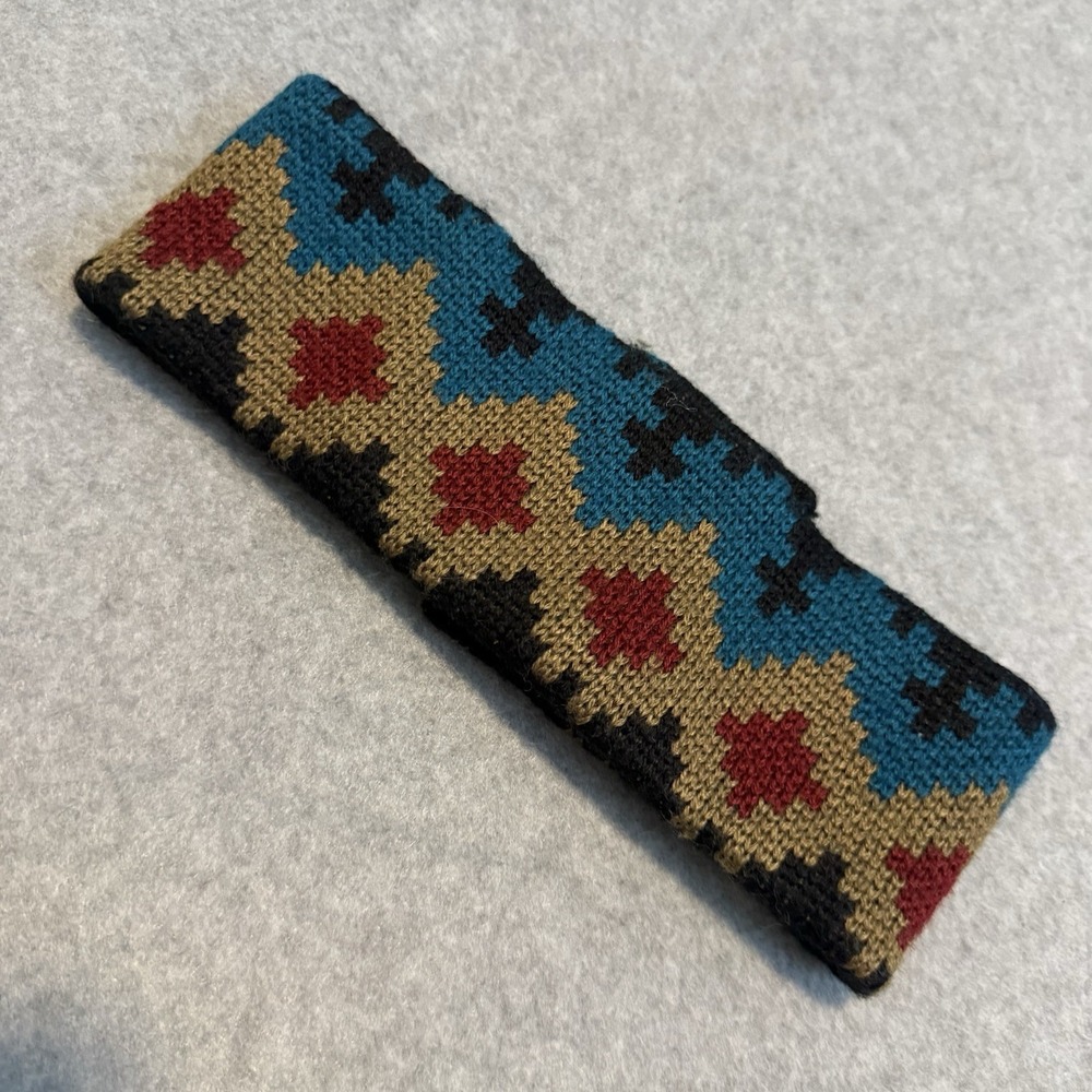 Vintage Spyder Wool Blend Ski Headband Red Blue Tan Black Cross Geo Print Warm